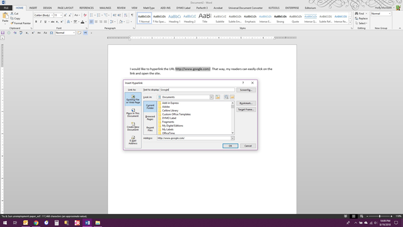 how to link table of contents in word document